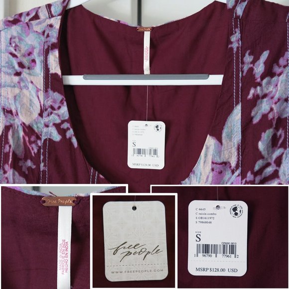 NWT $128 FREE PEOPLE Sully Mini Dress Floral Raisin Combo S - Picture 2 of 14